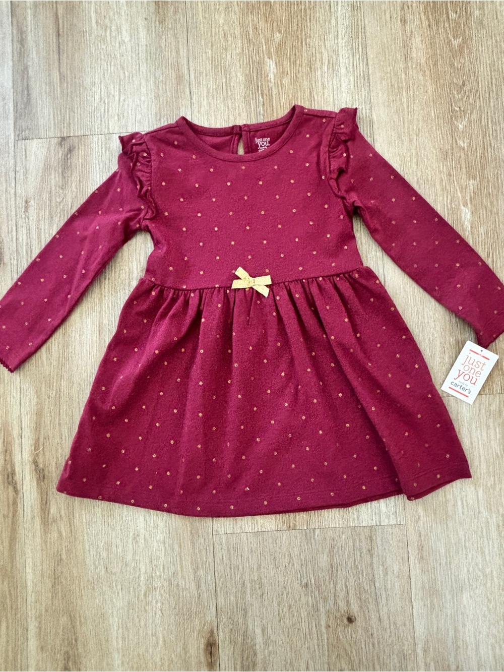 Carter's Burgundy Long Sleeve Dress with Gold Dots and Bow
